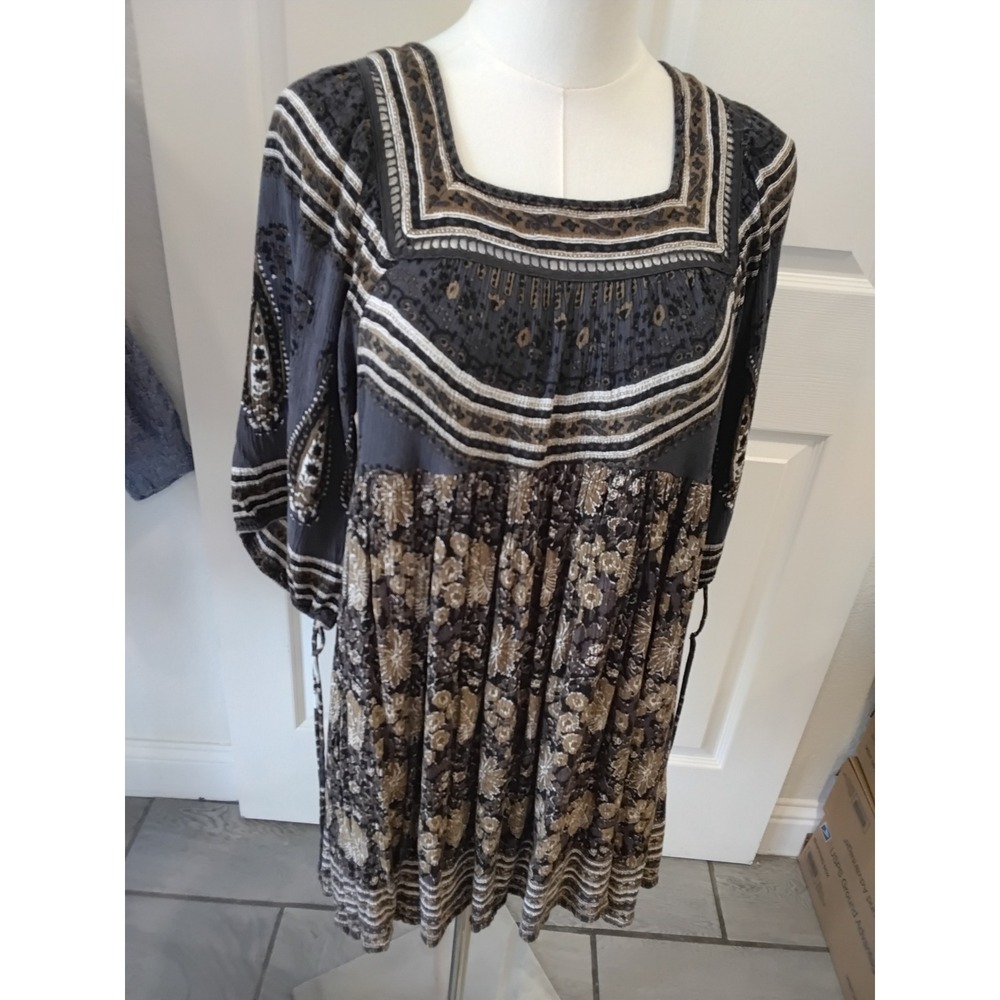 Free People Mixed Print Open Back Mini Dress Charcoal Brown Boho S/P‎ OB1033230